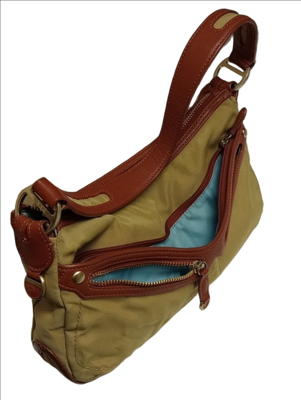 TUMI TAN BALLISTIC NYLON SHOULDER BAG WITH BROWN LEATHER TRIM - Picture 10 of 16